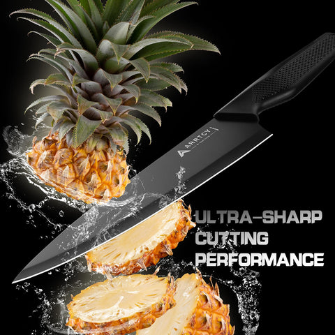 Arrtcy in use slicing tomato to show clean cuts and effortless prep benefit