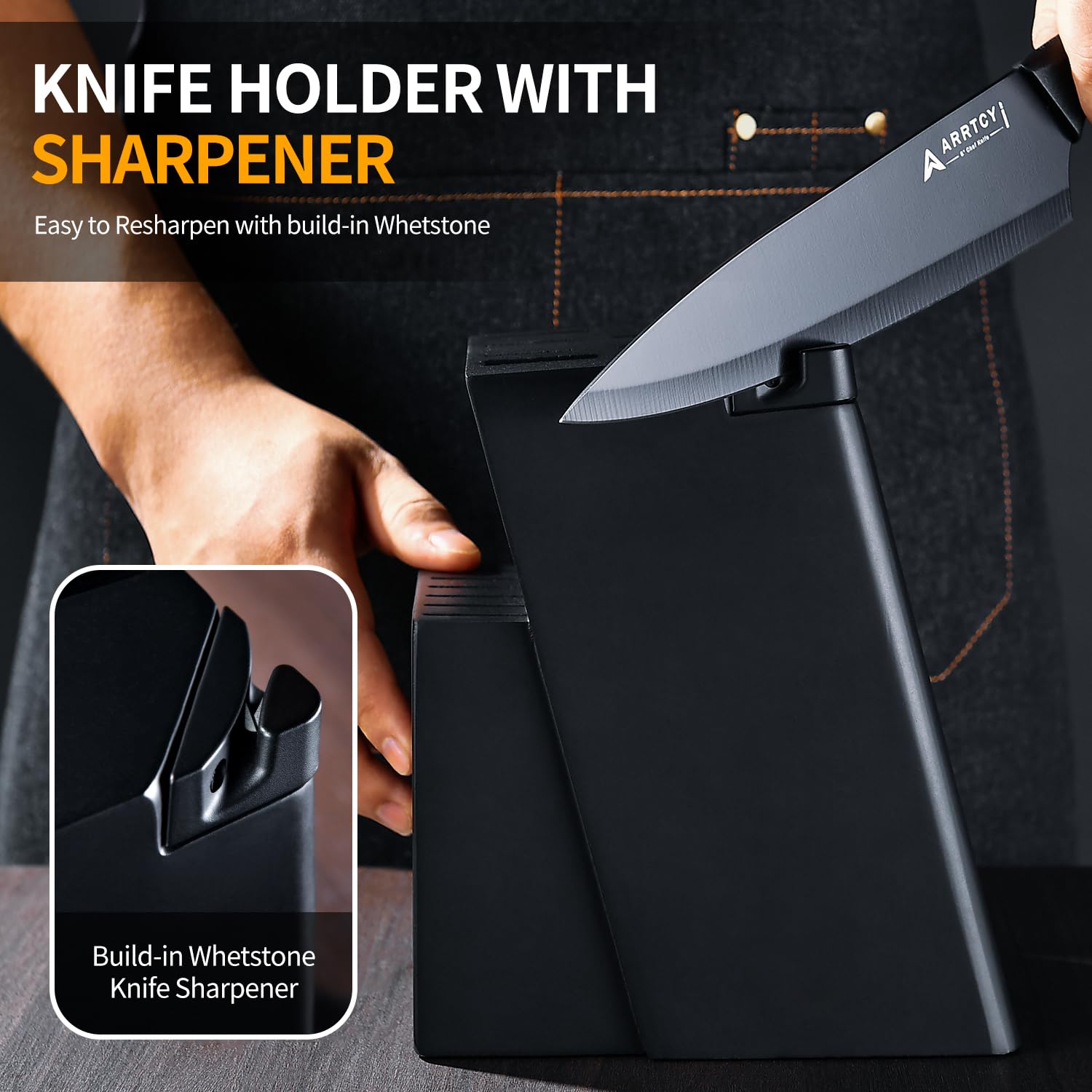 Arrtcy steak knives on table illustrating serrated blades and dining-ready benefit