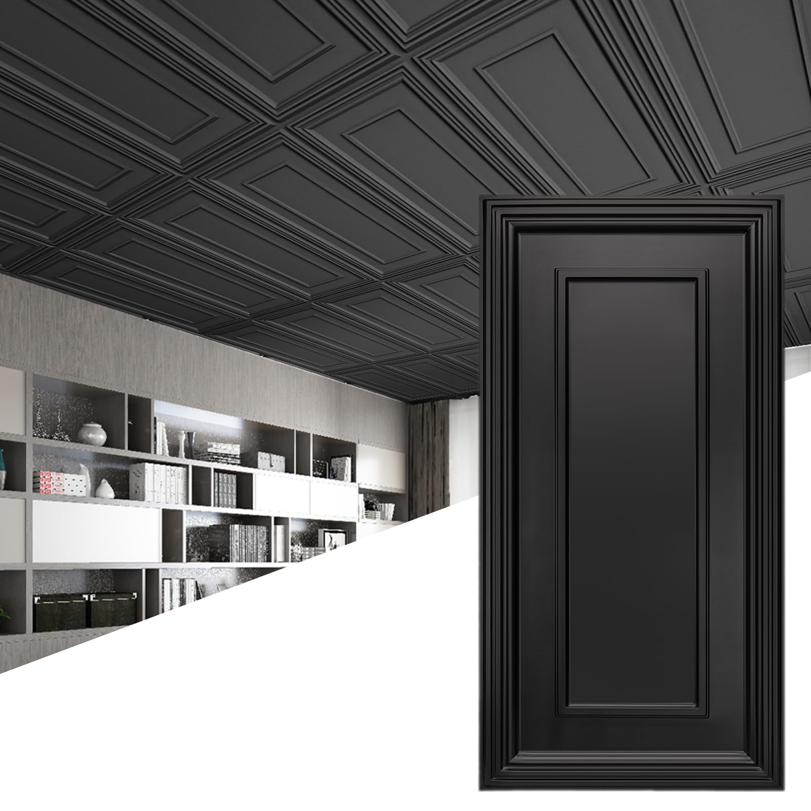 Art3d black tile front view showing panel fit and quick-installed benefit