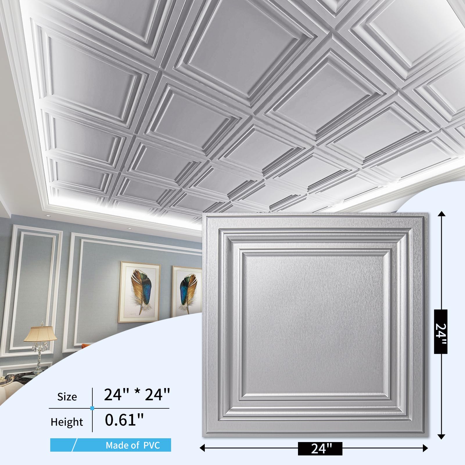 Art3d tile in drop ceiling grid showing quick drop-in installation benefit