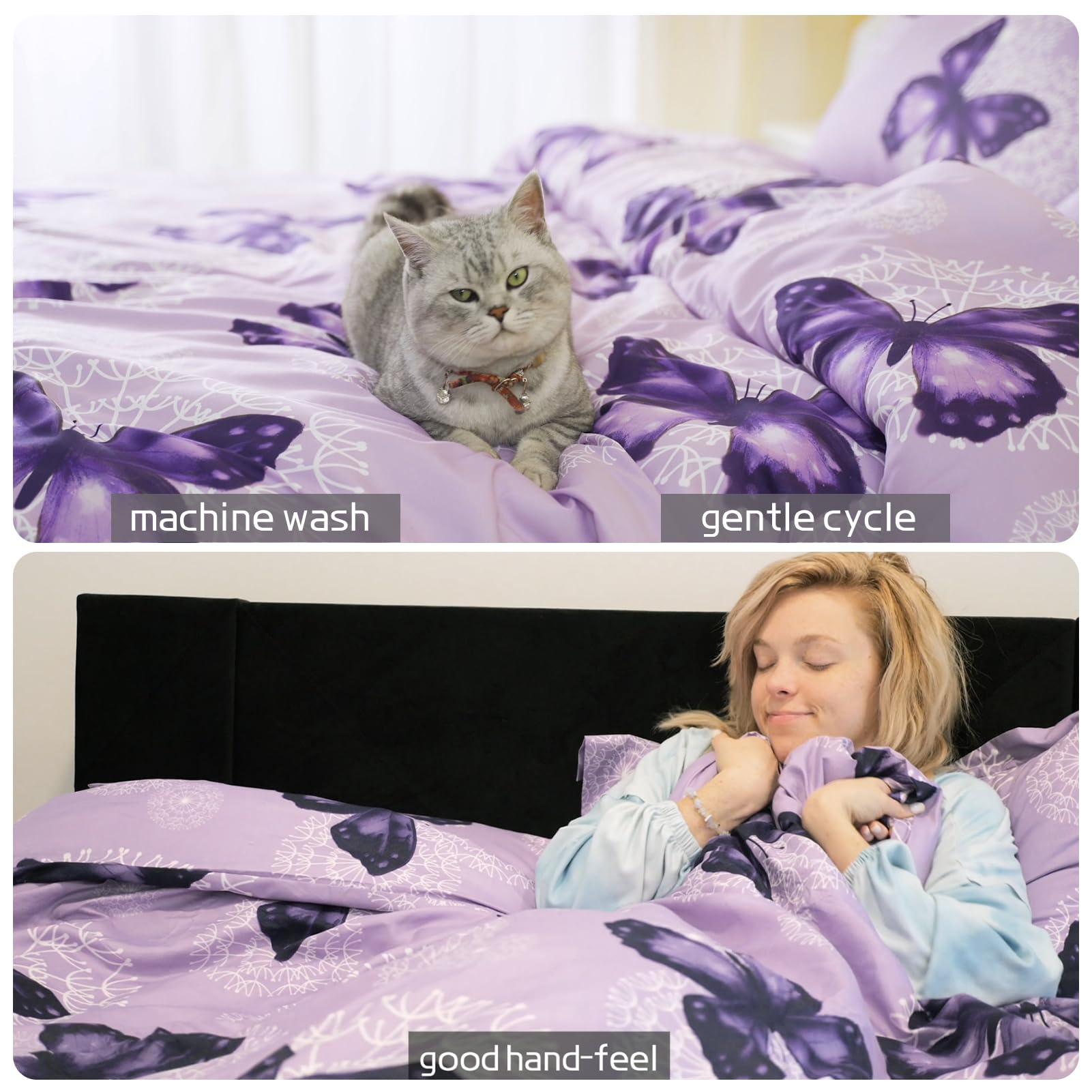ARTALL styled bedroom with purple butterfly comforter creating a cozy, decorative centerpiece