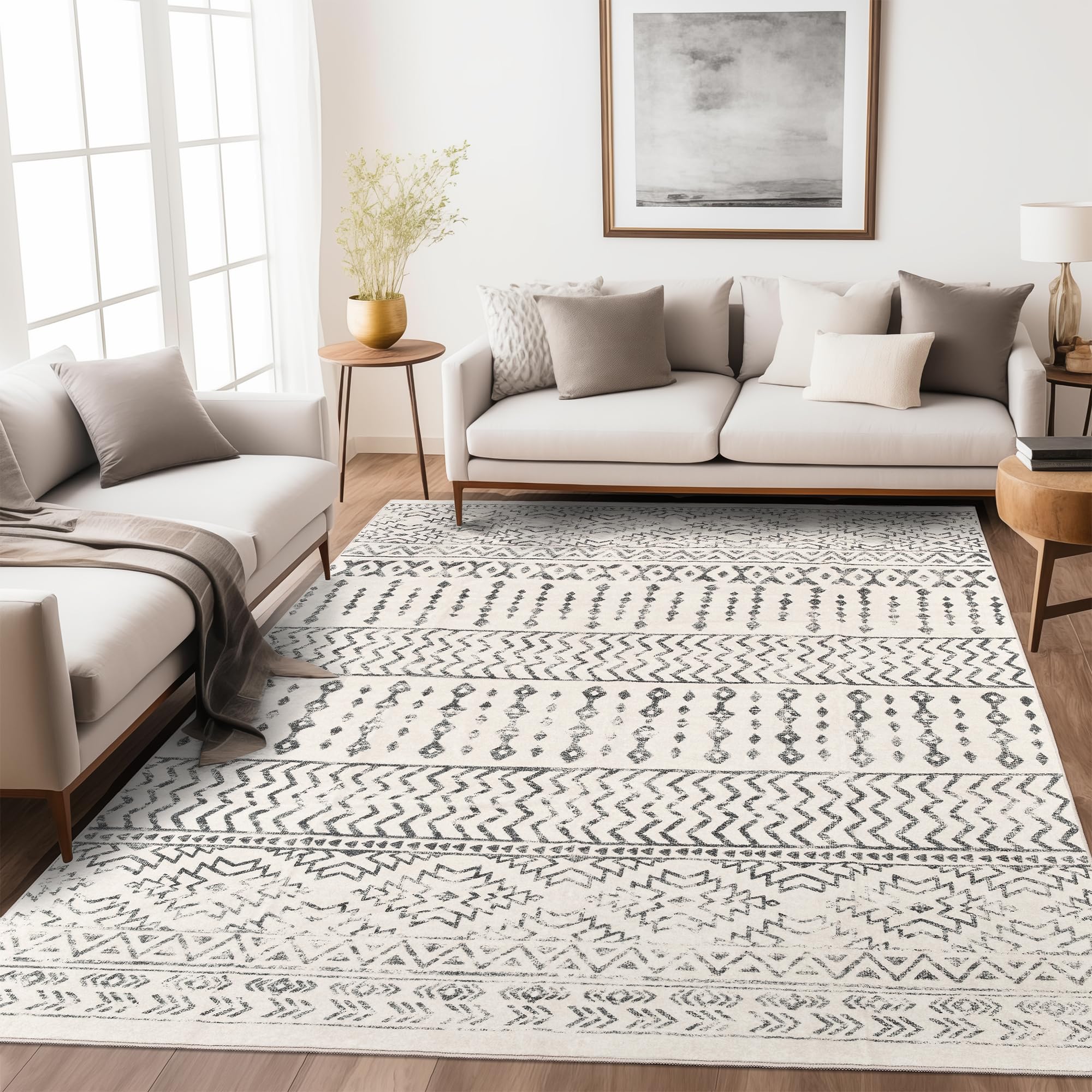 Art&Tuft front view of 5x7 ivory rug showing abstract design and neutral decor benefit