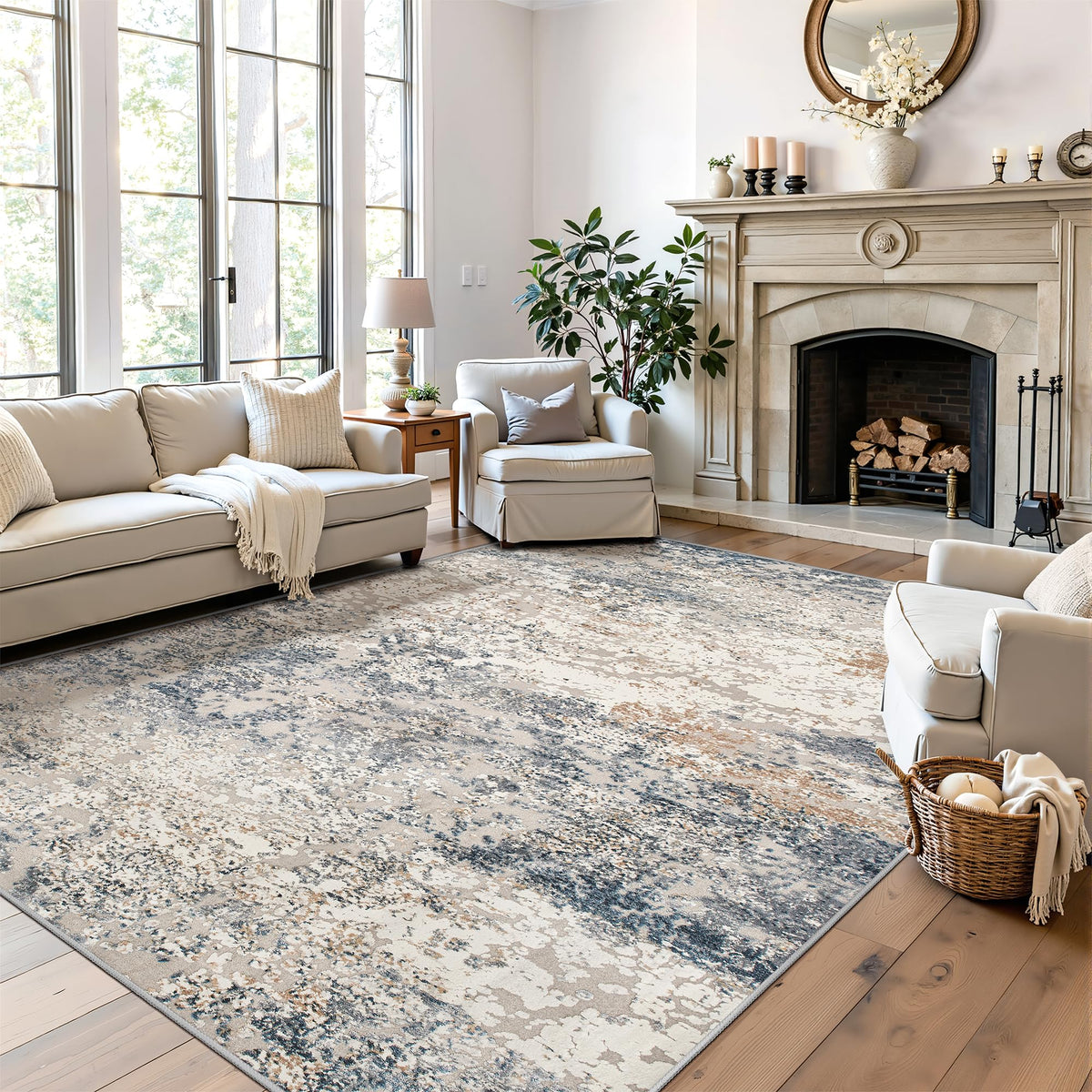 Art&Tuft front view of 5x7 blue abstract rug showing design and benefit of modern style