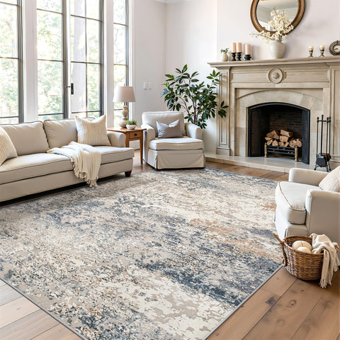 Art&Tuft front view of 5x7 blue abstract rug showing design and benefit of modern style