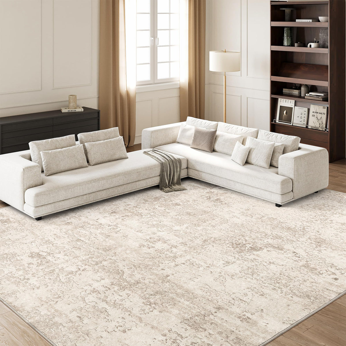Art&Tuft front view of 8x10 beige abstract rug showing versatile styling