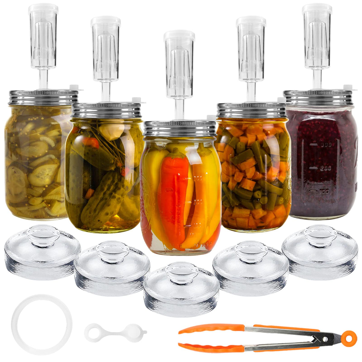 Artcome front view of full kit showing lids weights airlocks and tong for convenient fermenting