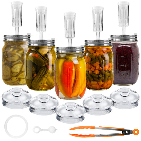 Artcome front view of full kit showing lids weights airlocks and tong for convenient fermenting