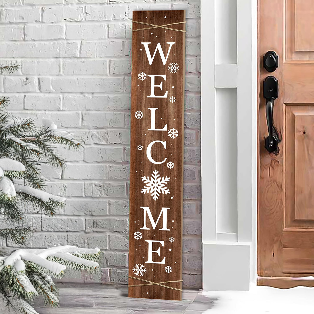 ARTDMT front view of Merry Christmas Snowflakes welcome porch sign showcasing festive greeting