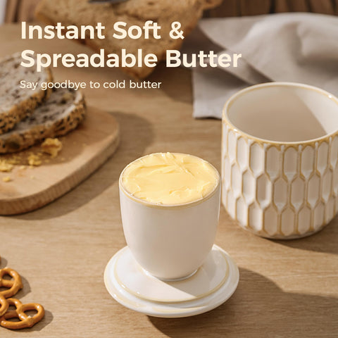 ArteBake crock lid holding softened butter ready to serve and spread easily