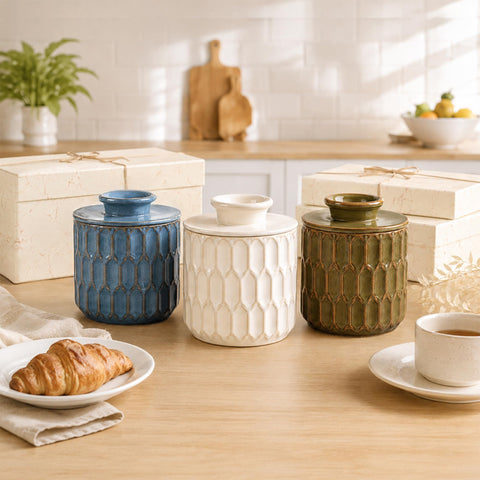 ArteBake crock beside toast showing size and immediate spreadability benefit