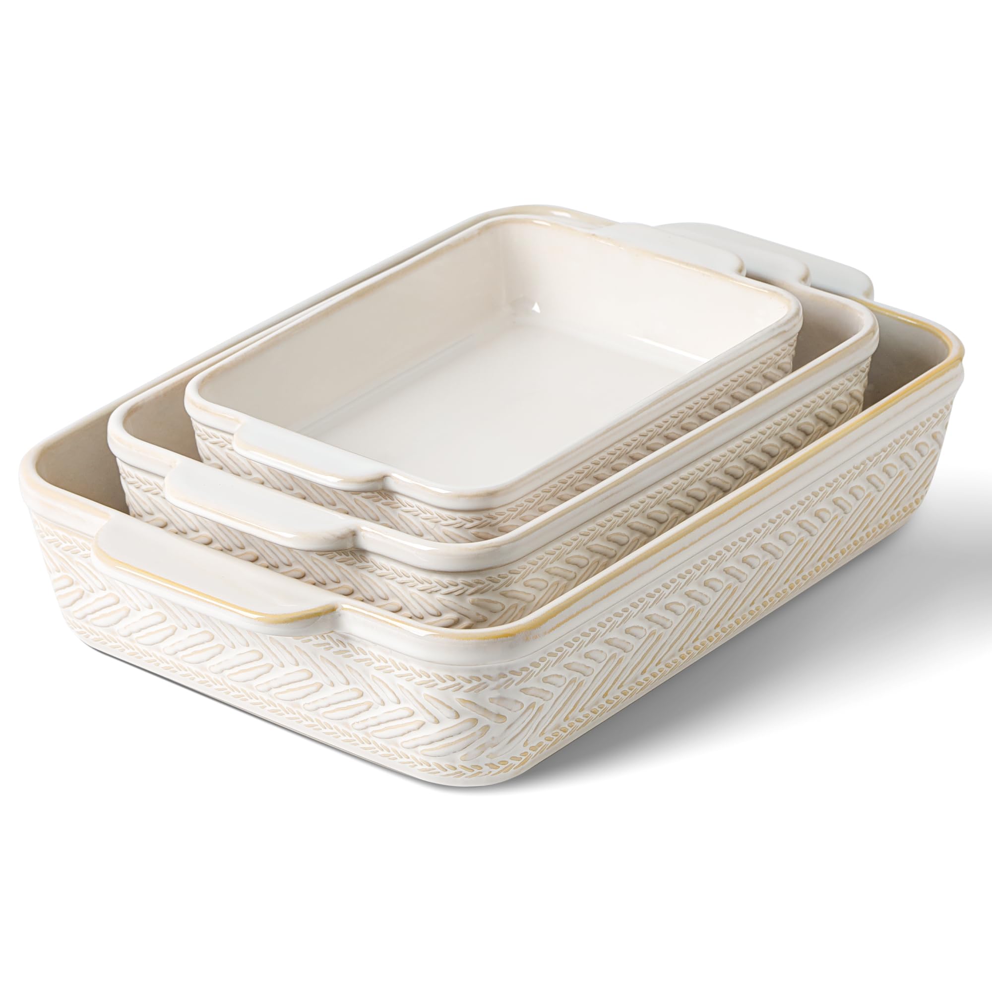 ArteBake front view of three beige casserole dishes, stylish serving ready