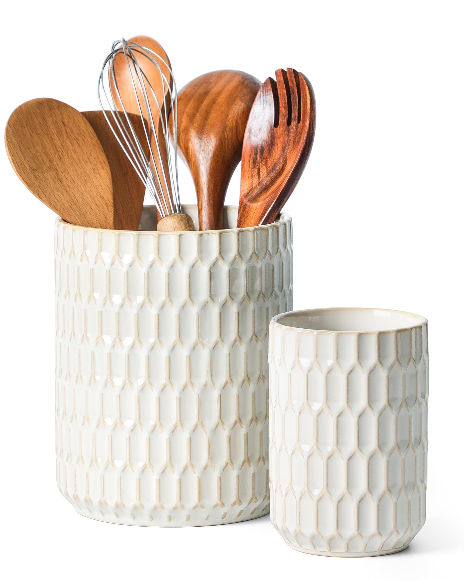ArteBake large crock front view shows tidy utensil storage benefit
