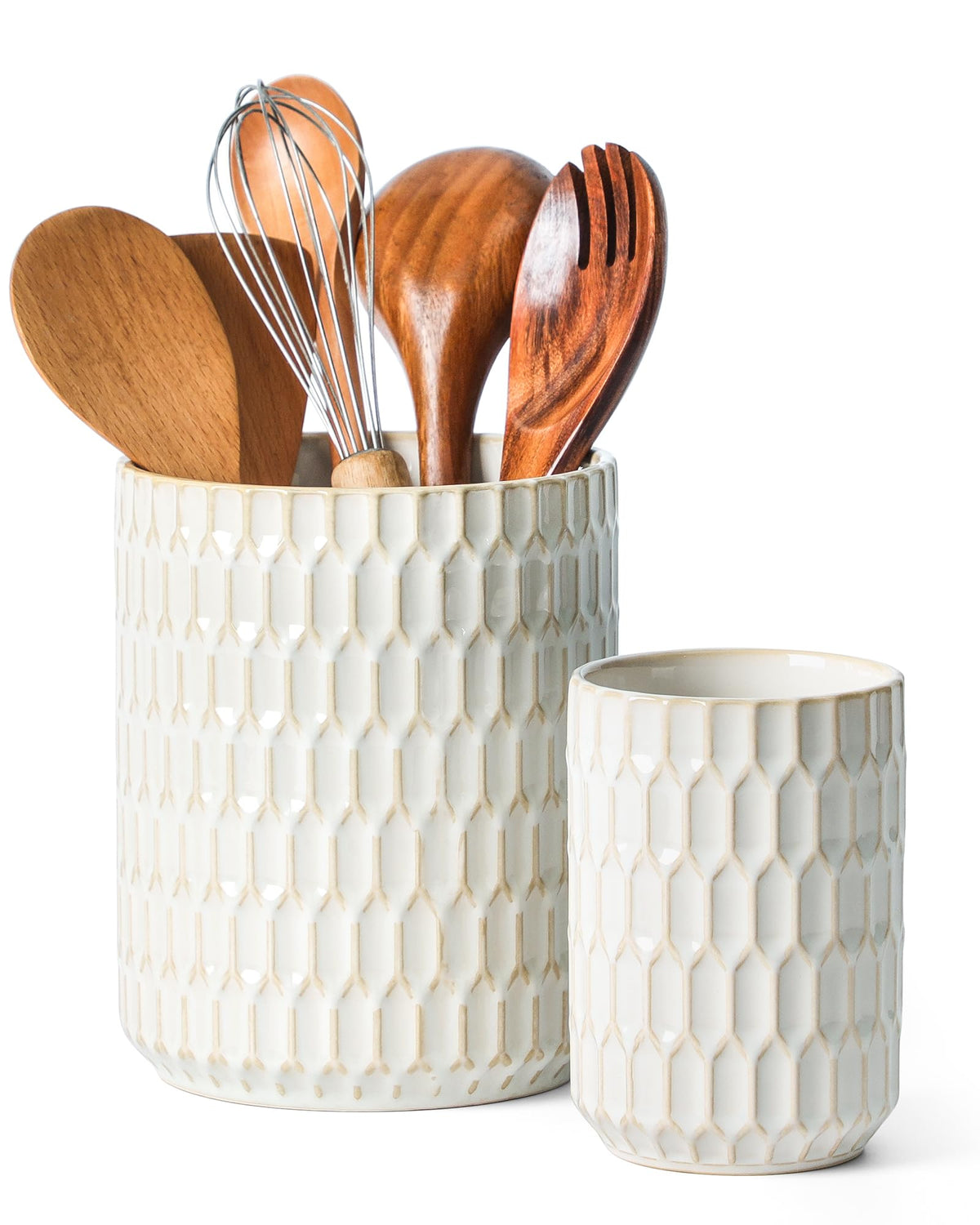 ArteBake large crock front view shows tidy utensil storage benefit