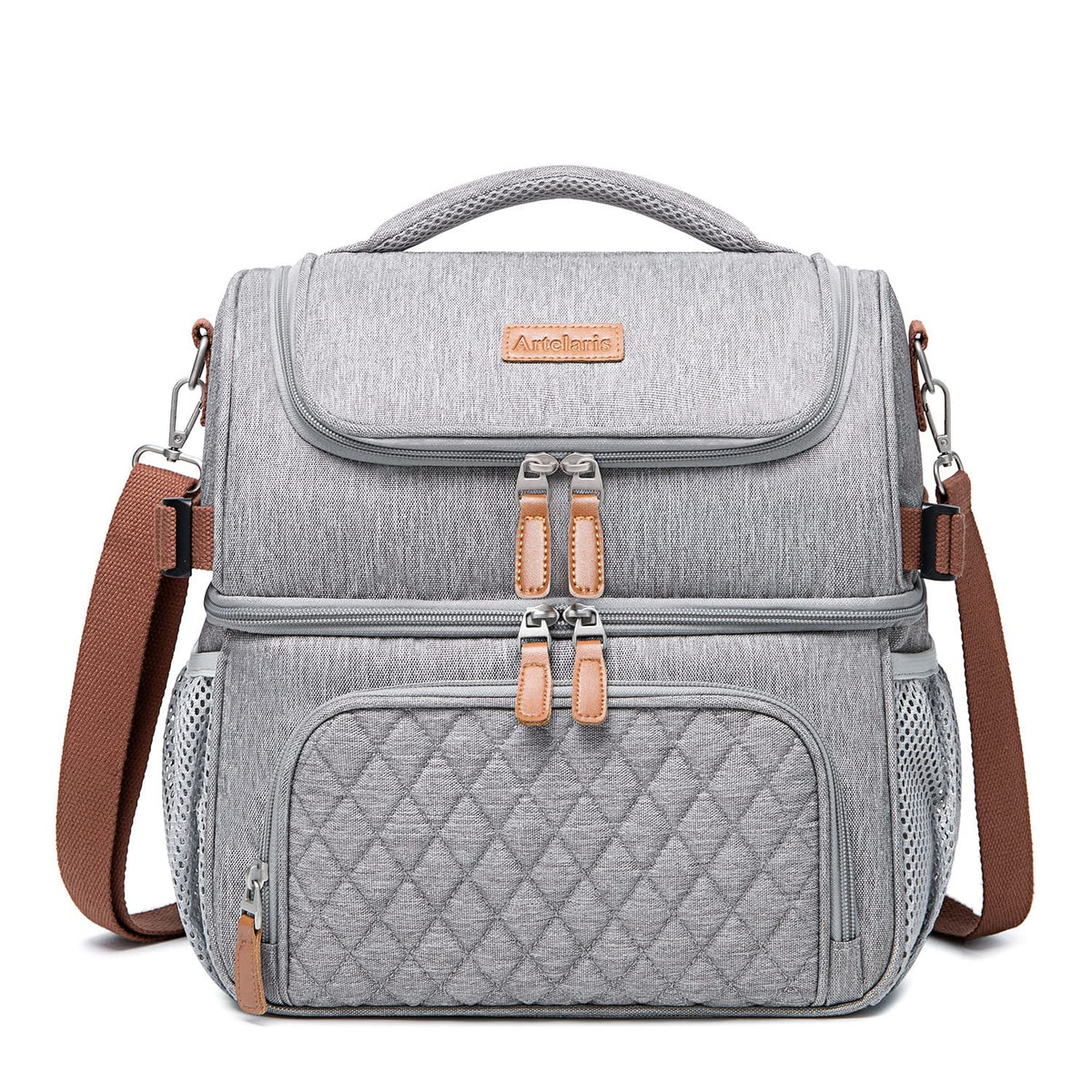 Artelaris front view showing bag shape and organized pockets for daily convenience