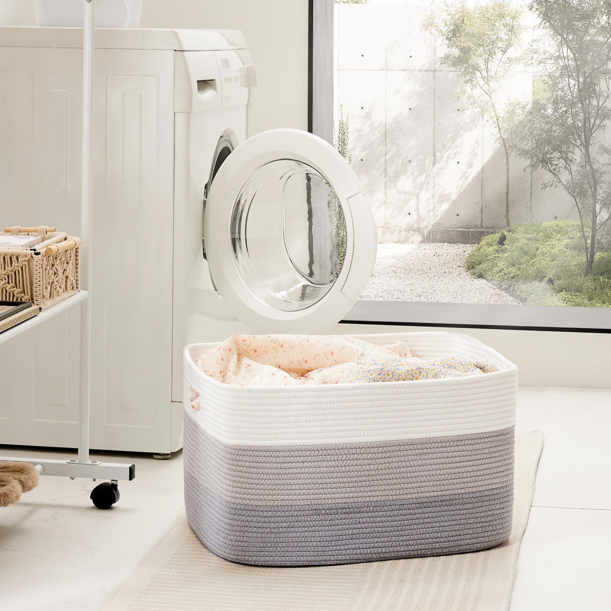 Artfeel basket holding blankets by sofa for easy access and neat living room