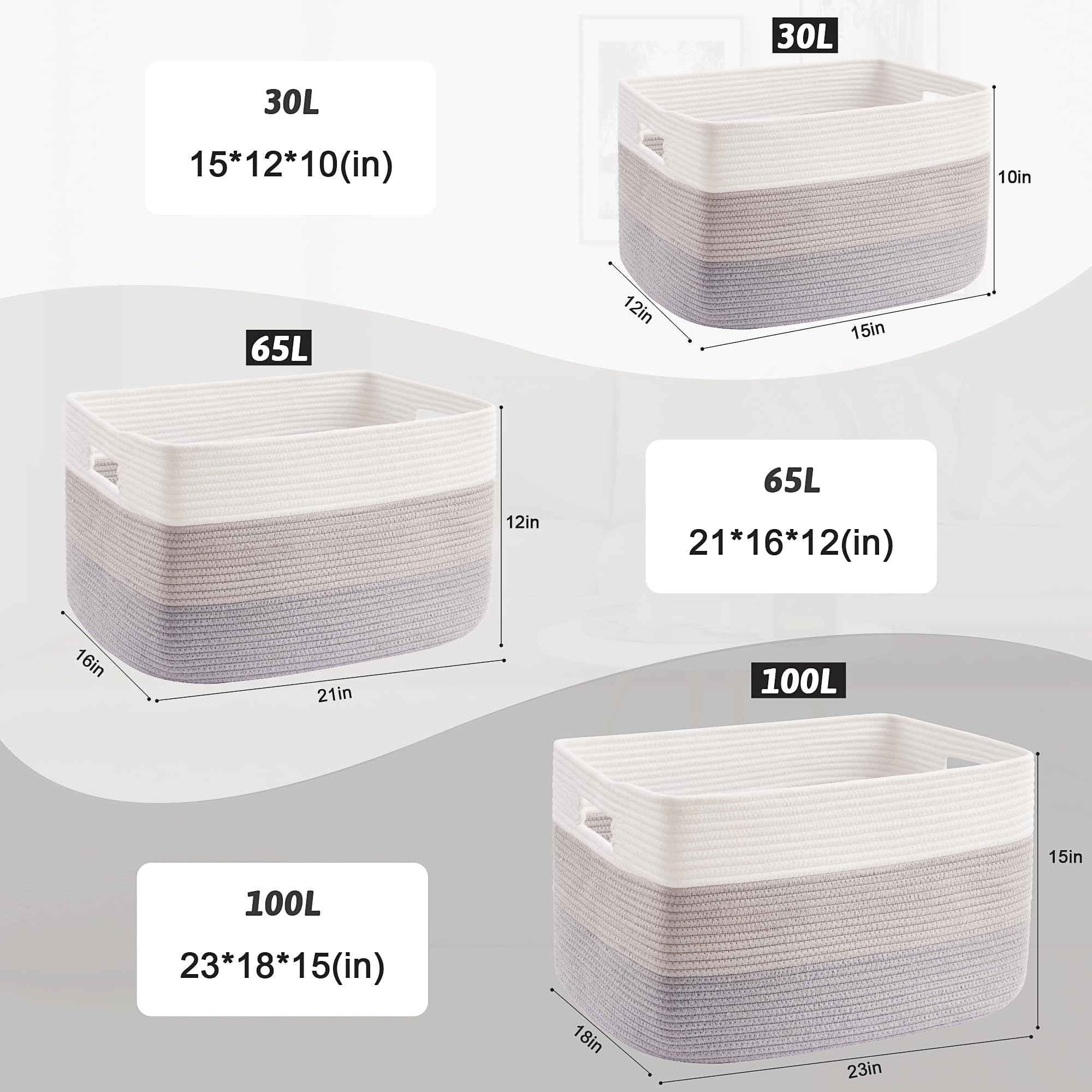 Artfeel basket beside ruler showing size and 65L capacity for planning