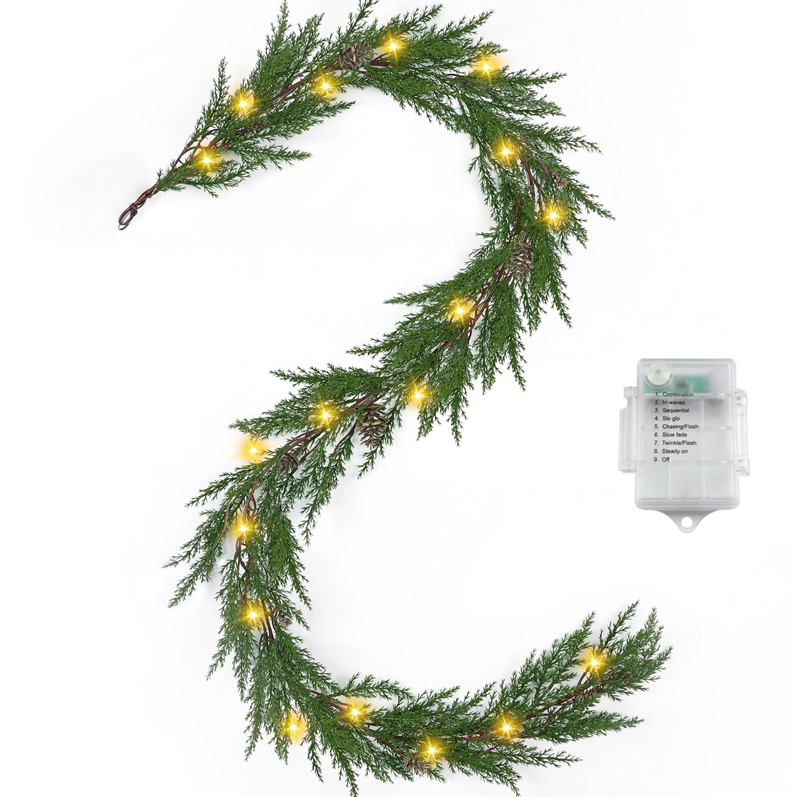 Artgar cedar garland front view showing full 6 ft length and warm LED glow