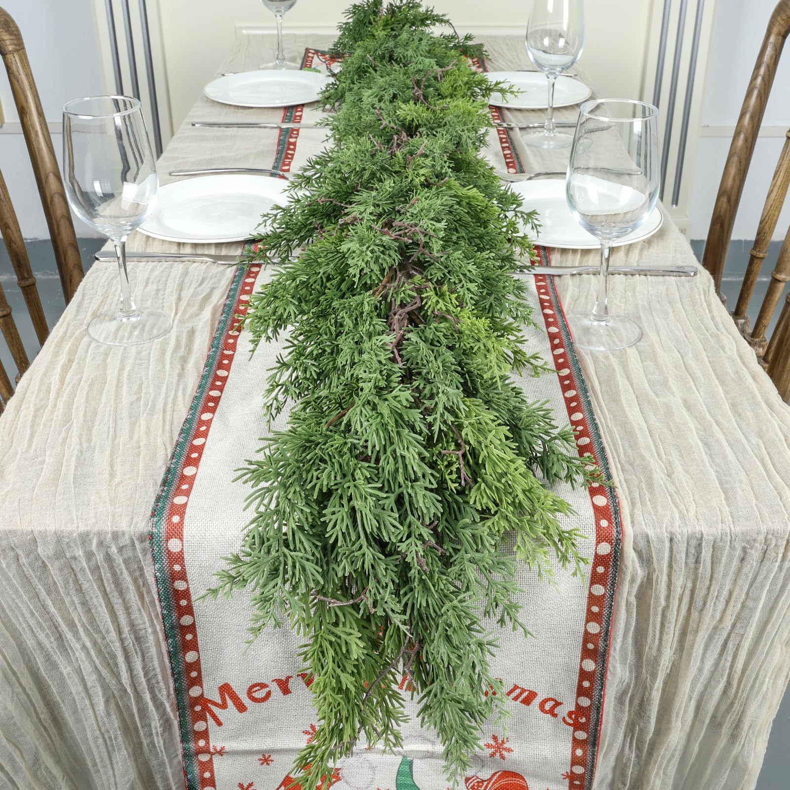 Artgar garland front view showing full 9 ft greenery and realistic cypress look