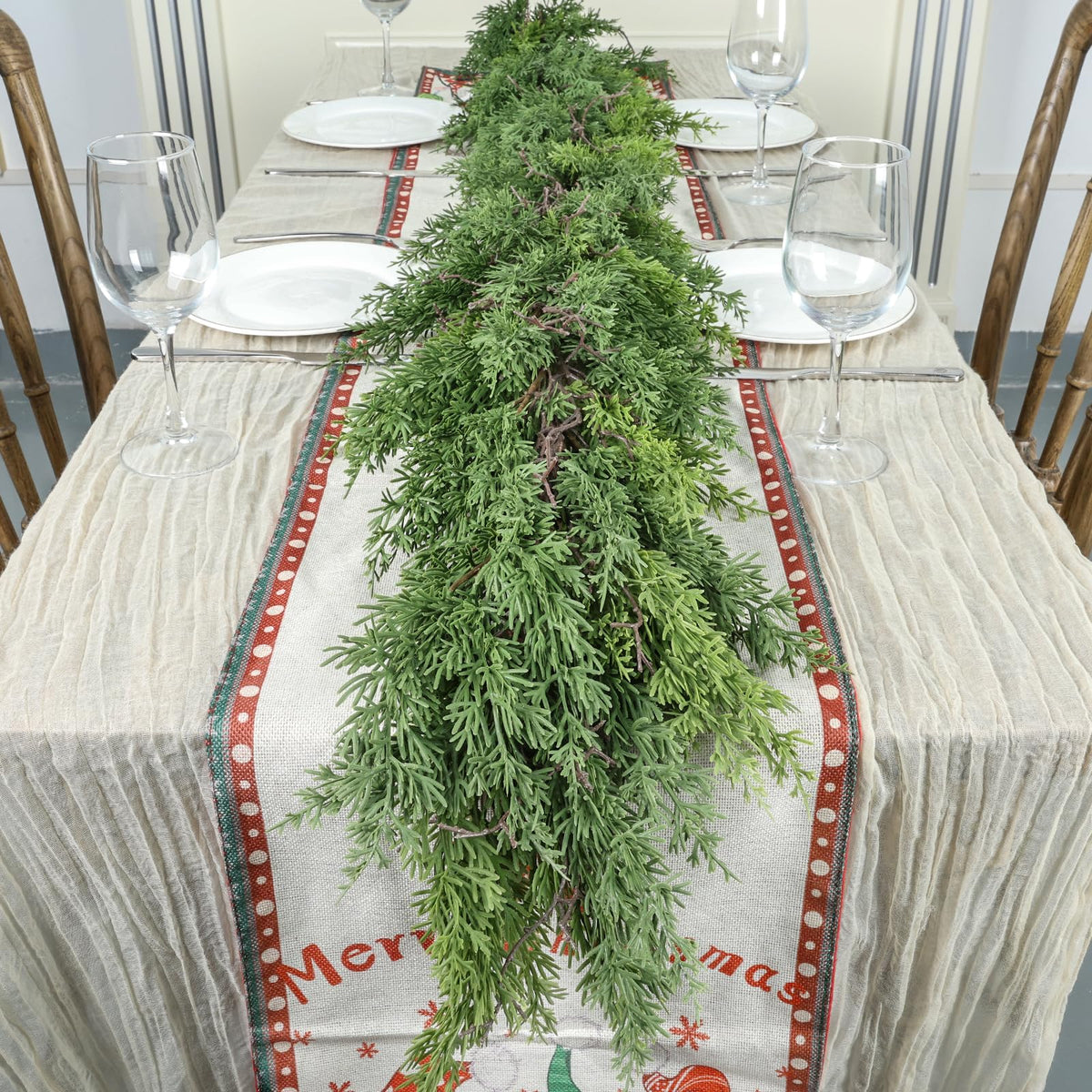 Artgar garland front view showing full 9 ft greenery and realistic cypress look
