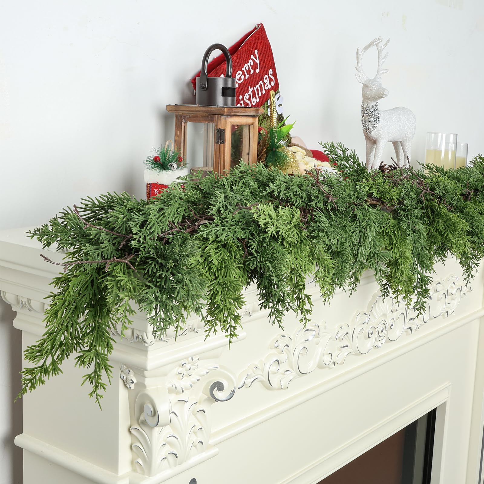 Artgar styled on mantel with lights and ornaments demonstrating festive impact