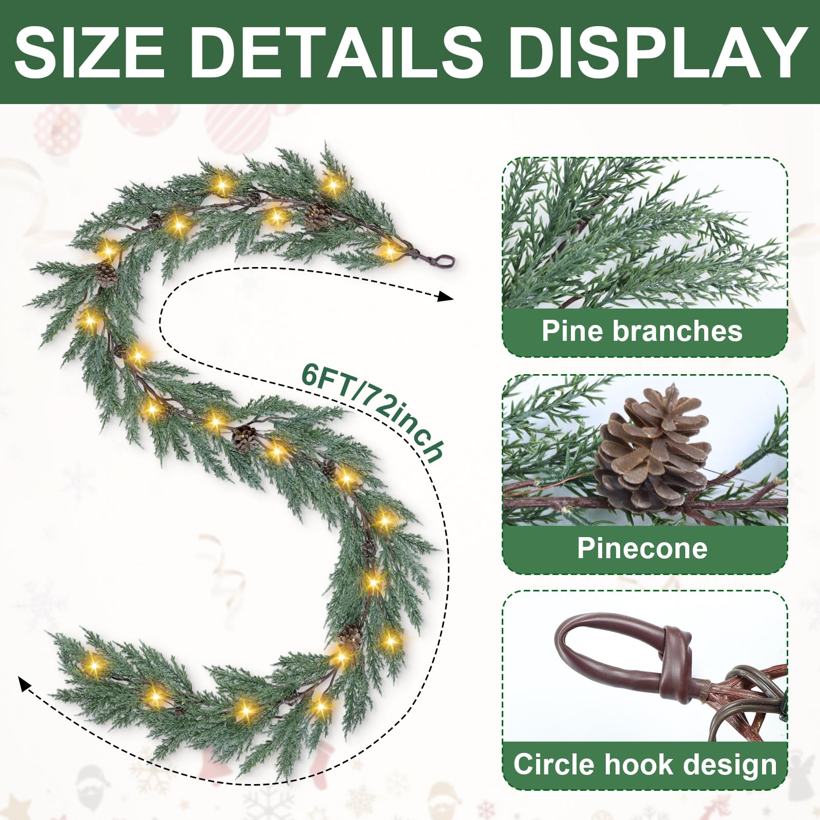 Artgar close-up of pinecones on cedar garland highlighting realistic texture and natural look