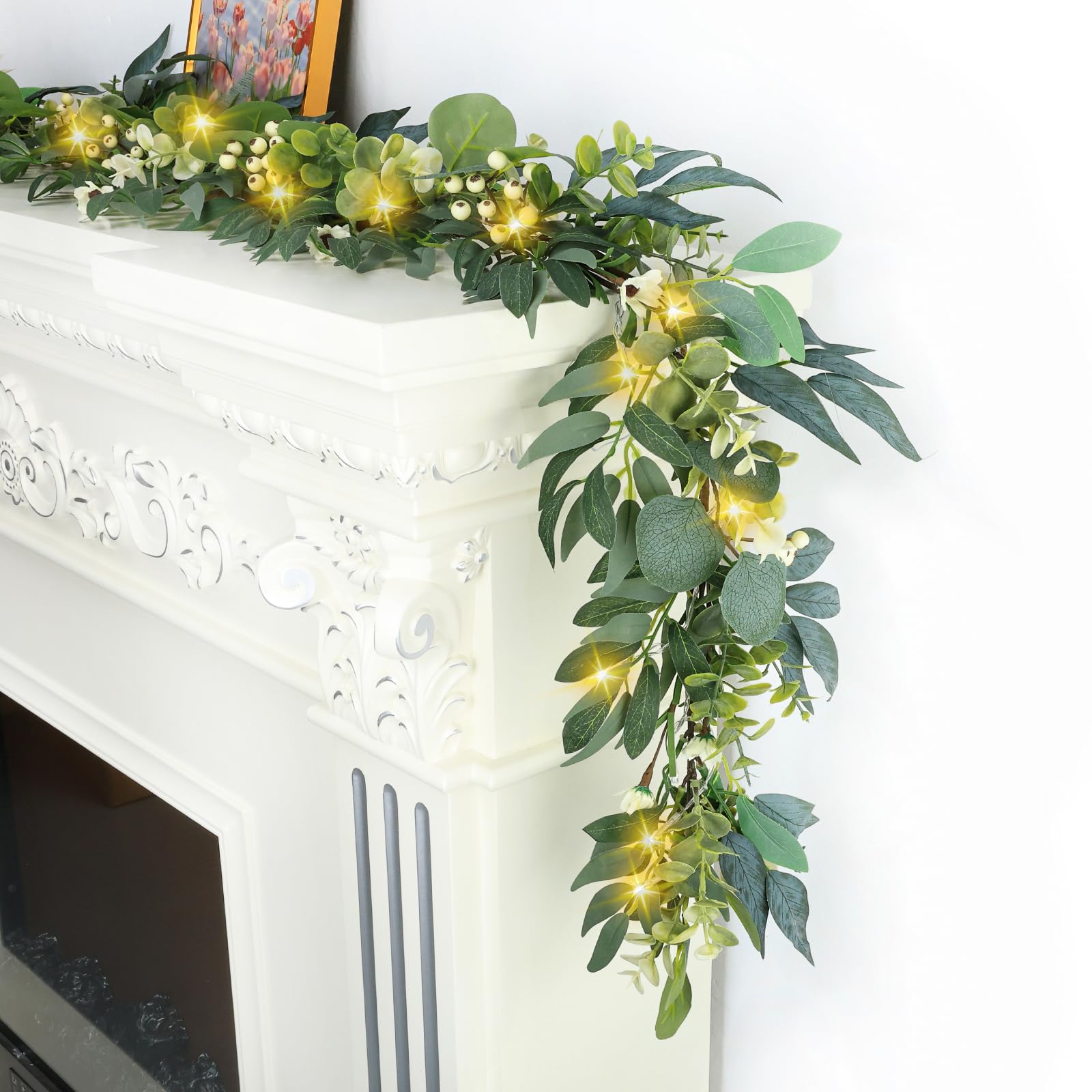 Artgar eucalyptus garland full length showing lush greenery and warm lighting benefit