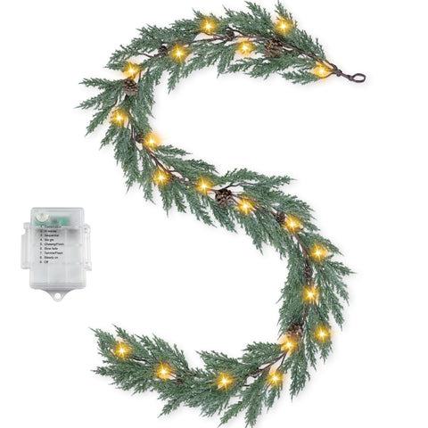 Artgar front view of full 6 ft garland showing warm glow and pinecones, perfect mantel accent