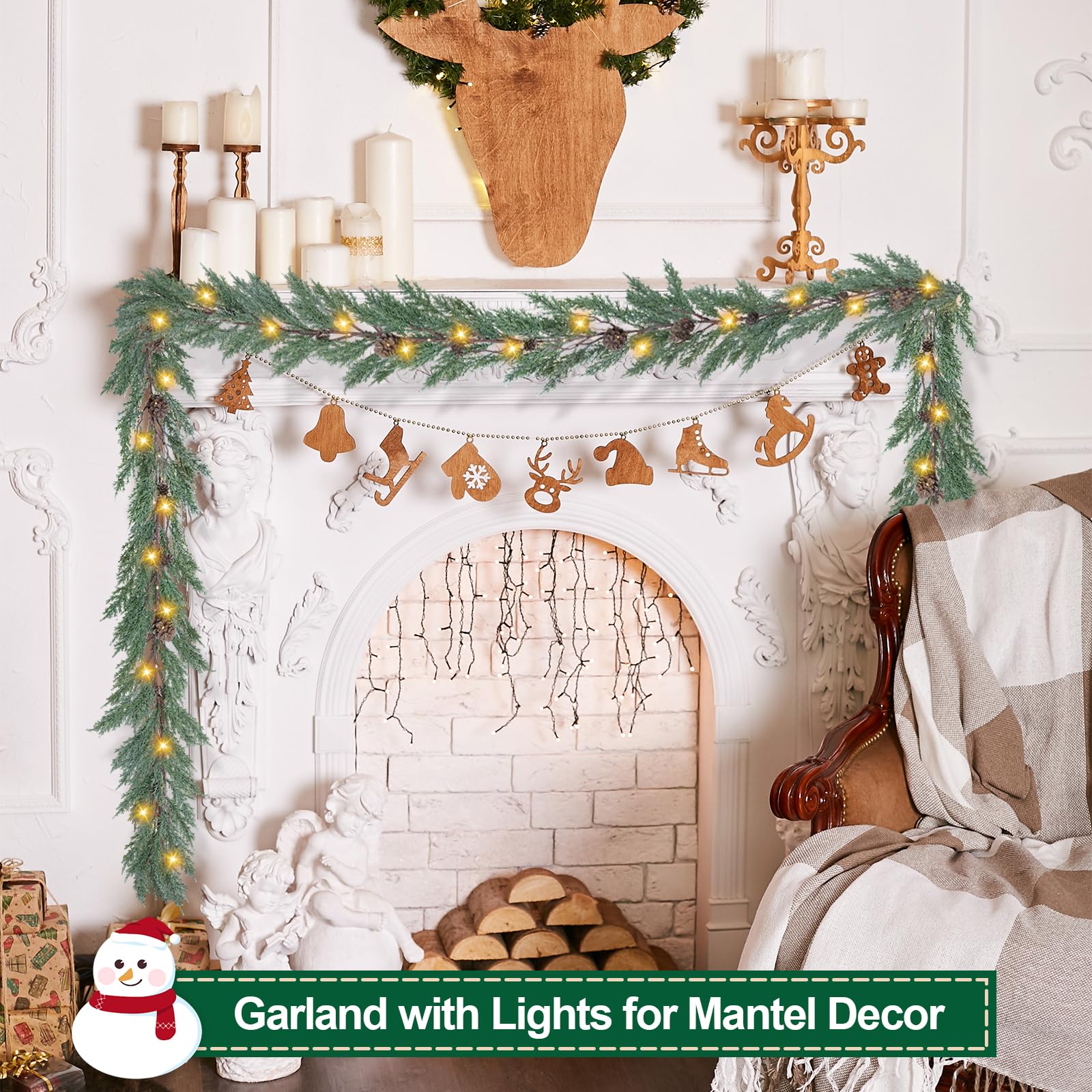 Artgar mantel styled with garland and stockings offering festive, ready-to-display décor