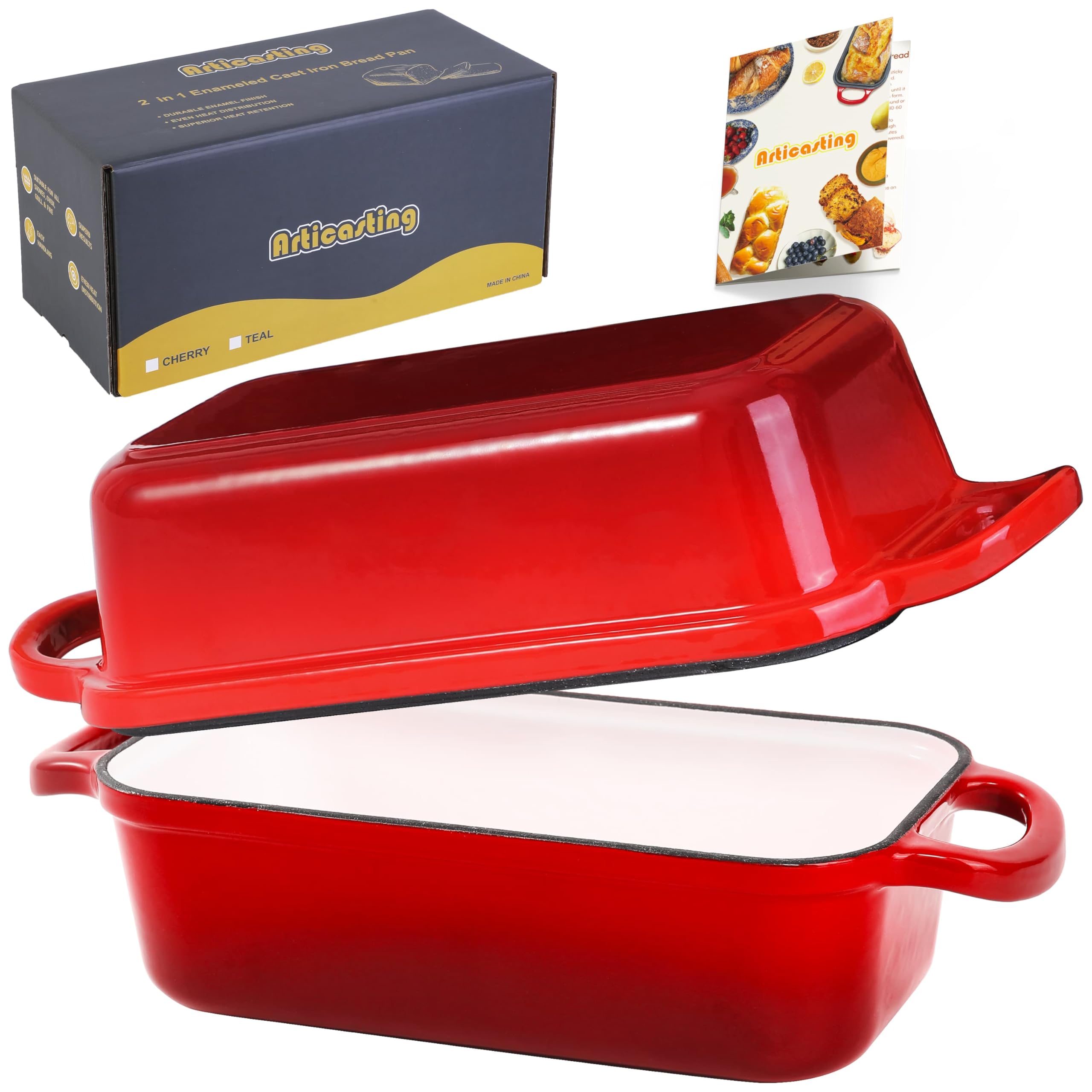 Articasting front view of boxed loaf pan showing gift-ready packaging and quality
