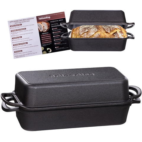 Articasting front view of loaf pan showing durable pre-seasoned finish and capacity