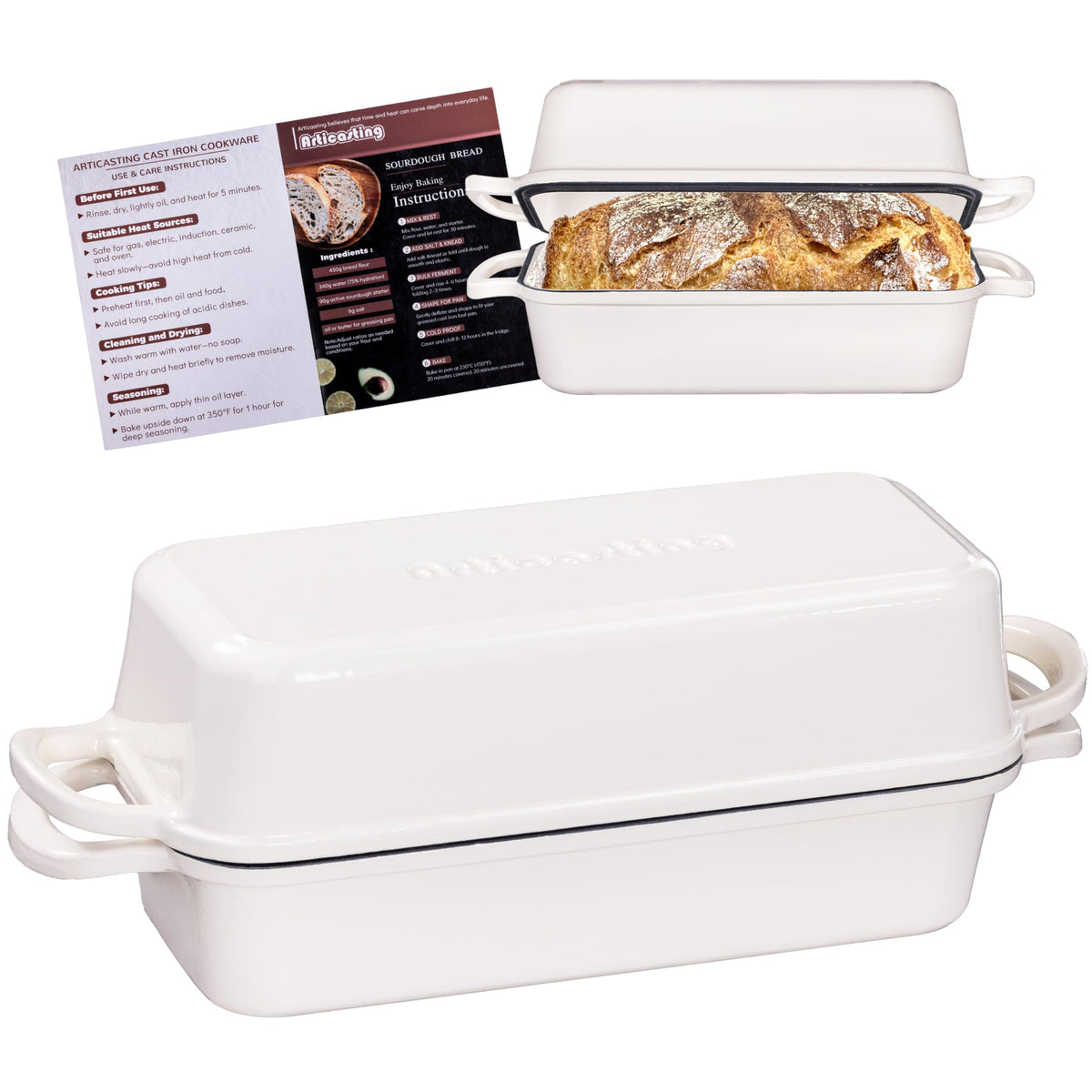 Articasting front view loaf pan showing sturdy cast iron and elegant shape benefit durable baking