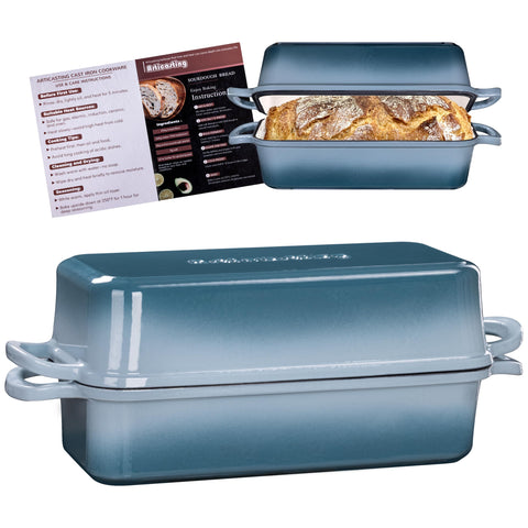 Articasting front view of cast iron loaf pan showing sturdy build and capacity benefit