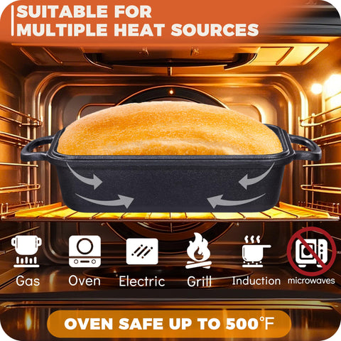 Articasting hand lifting pan to show sturdy weight and professional heat retention benefit