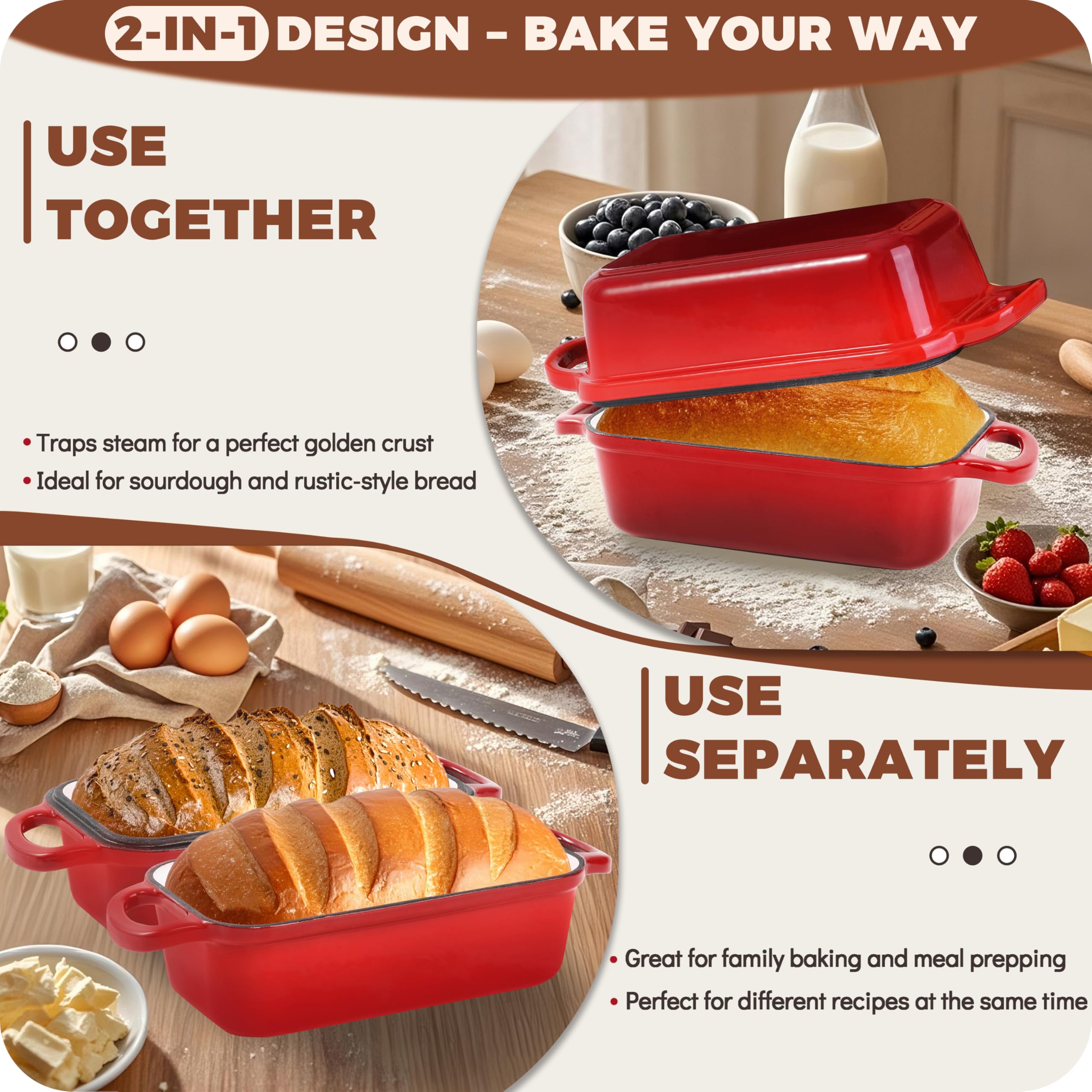 Articasting pan in oven with two golden loaves showing even baking