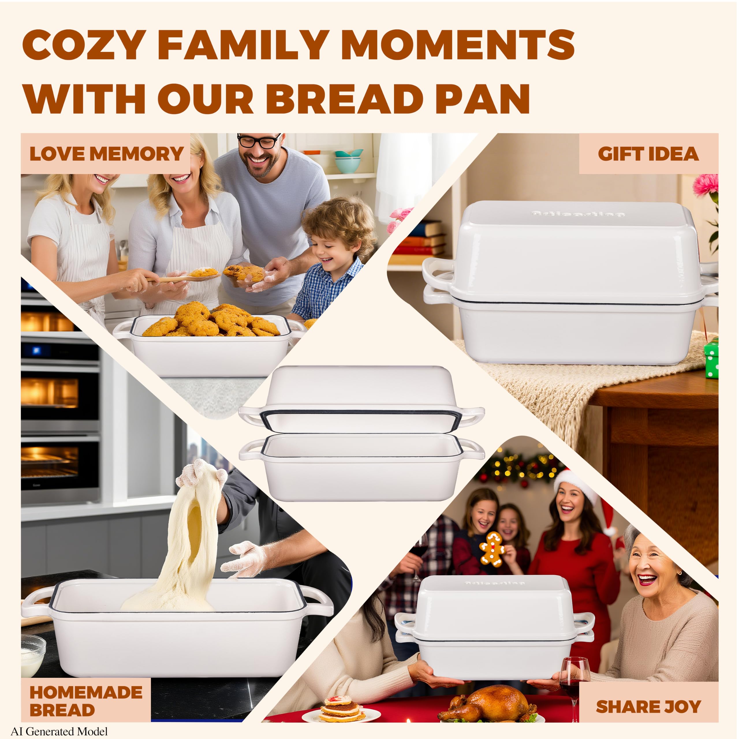 Articasting kitchen lifestyle styled shot featuring finished loaf and durable pan benefit daily baking