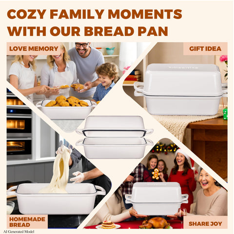 Articasting kitchen lifestyle styled shot featuring finished loaf and durable pan benefit daily baking