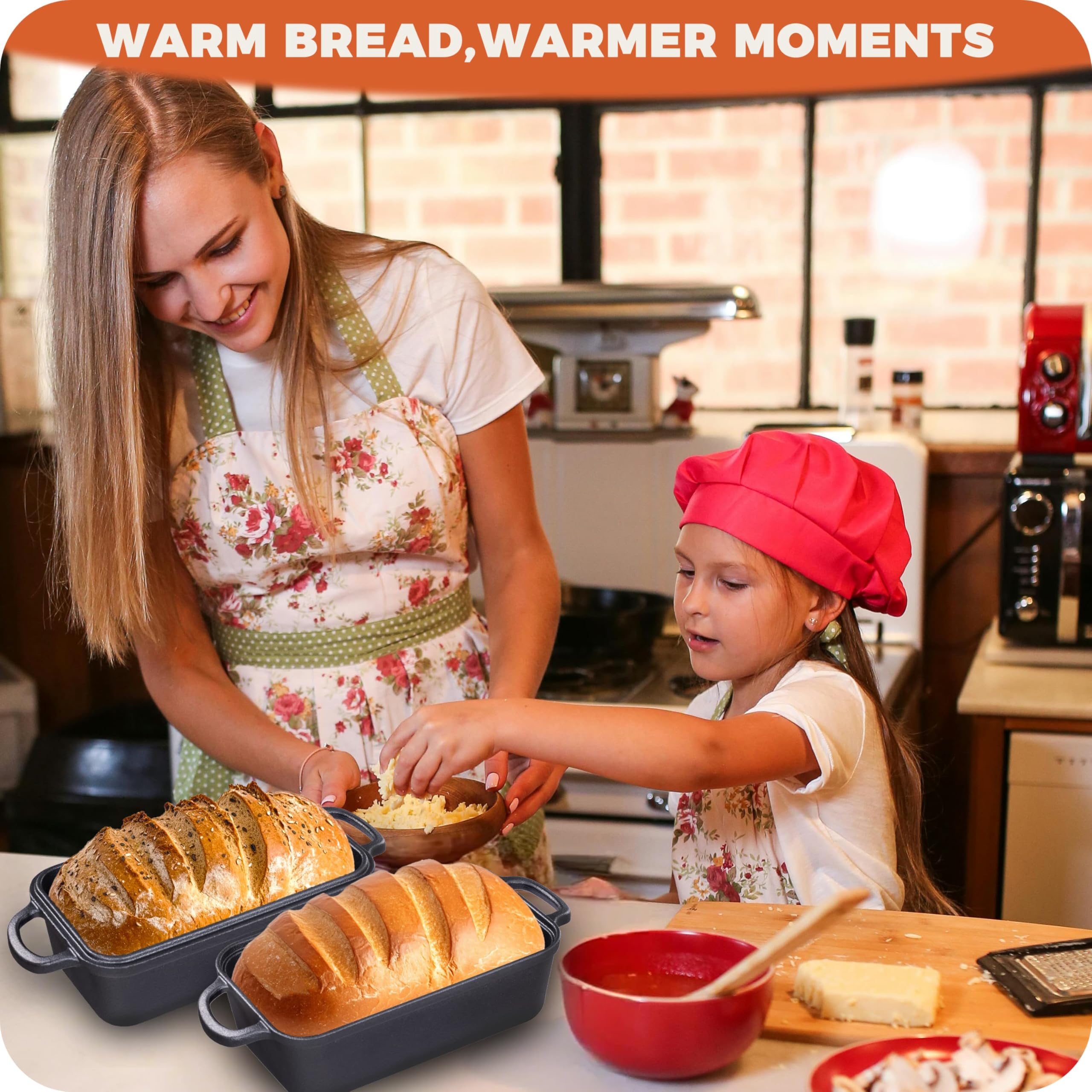 Articasting loaf pan on kitchen table styled with bread and linens showcasing oven-to-table presentation benefit