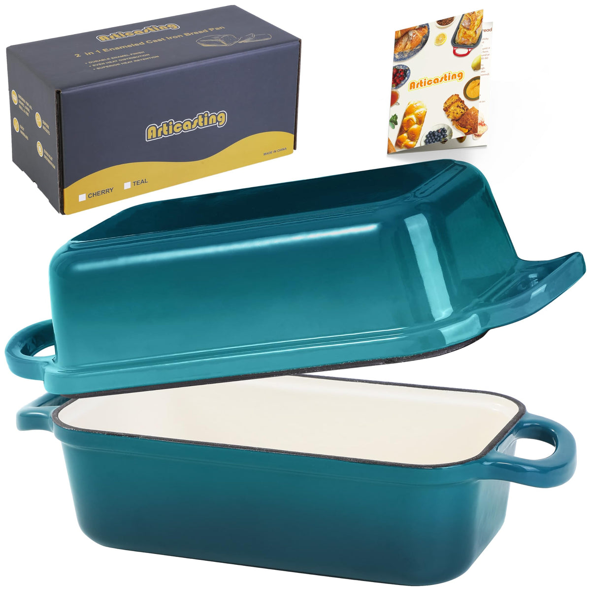 Articasting loaf pan front packaging showing pan and lid, clear product presentation and durability