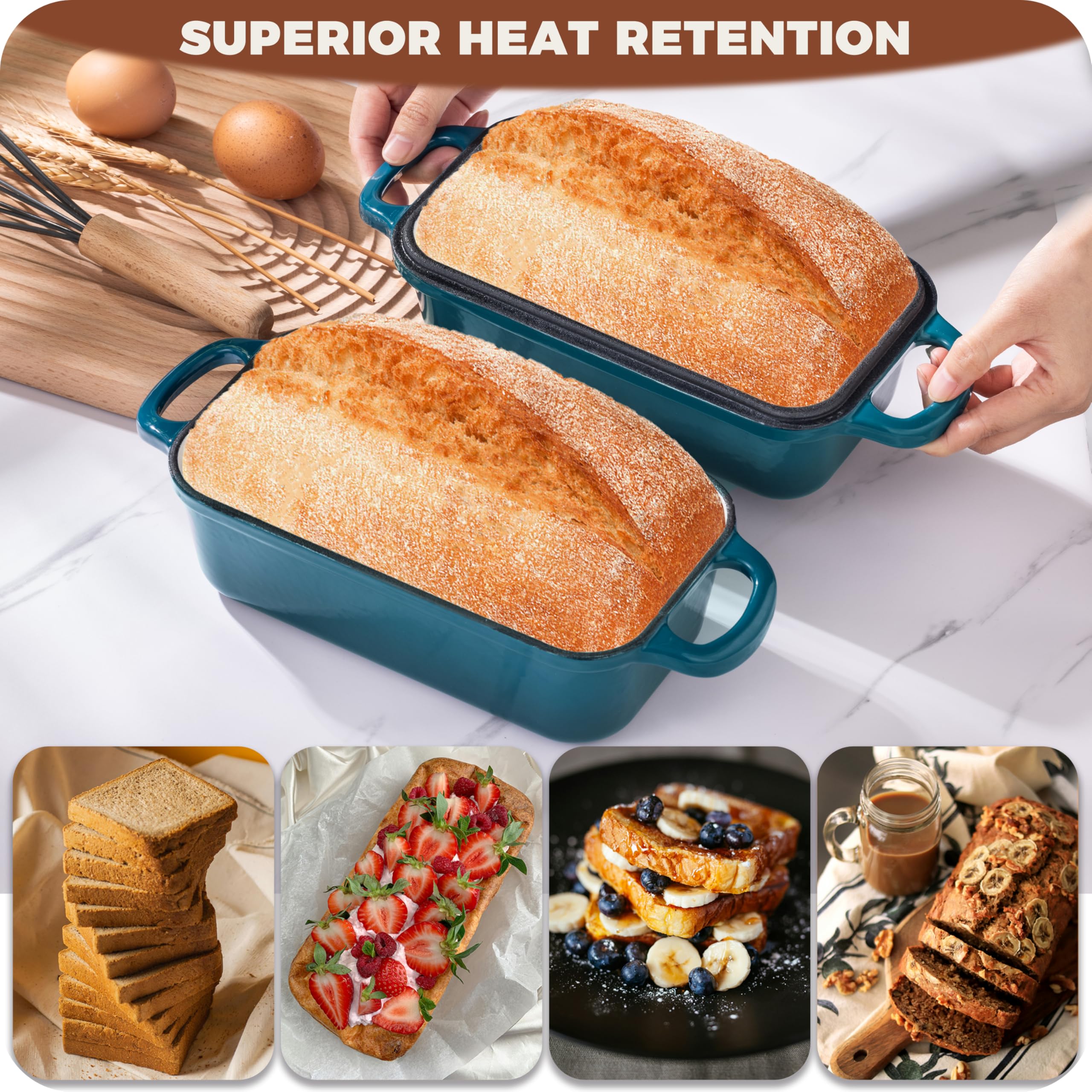 Articasting loaf pan in oven with two golden loaves illustrating even heat distribution