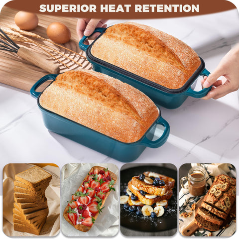 Articasting loaf pan in oven with two golden loaves illustrating even heat distribution