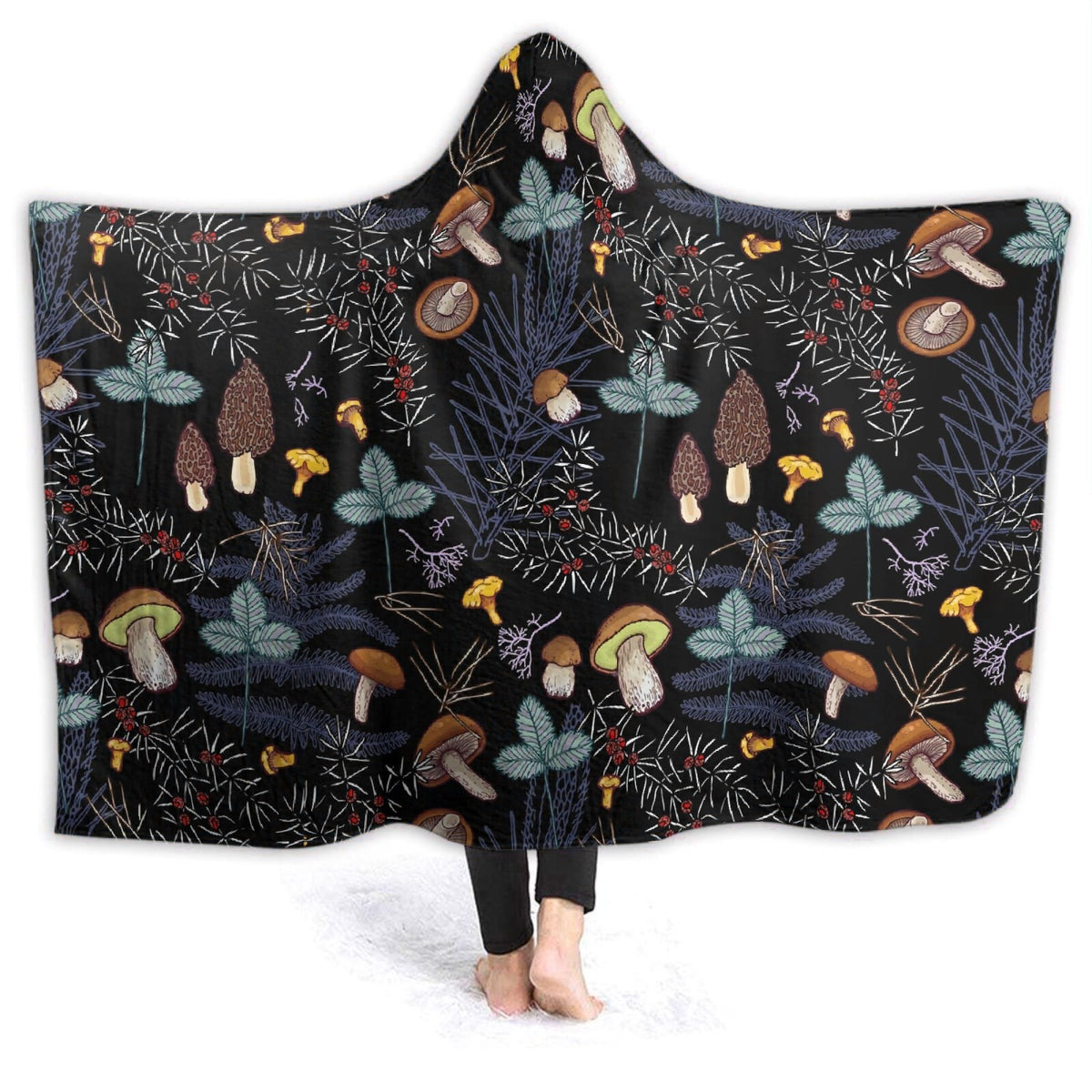 ARTIEMASTER front view of mushroom hooded blanket shows full print and cozy drape