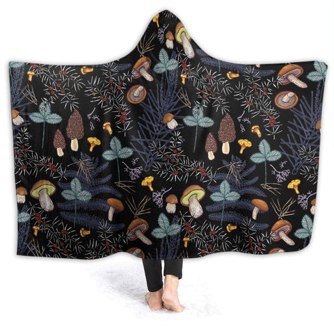 ARTIEMASTER front view of mushroom hooded blanket shows full print and cozy drape