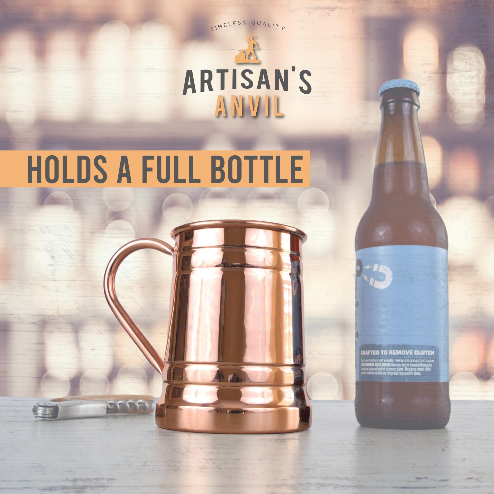 Artisan's Anvil mug held in hand for scale, showing 18oz capacity and substantial weight