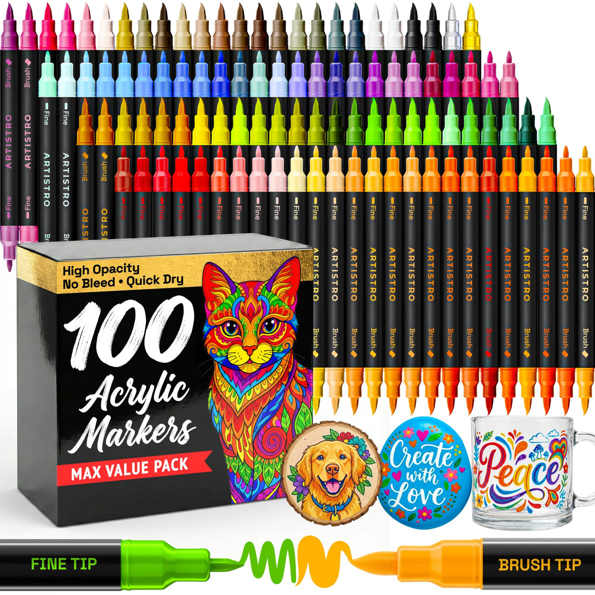 ARTISTRO front packaging showing 100-piece acrylic marker set and gift-ready box