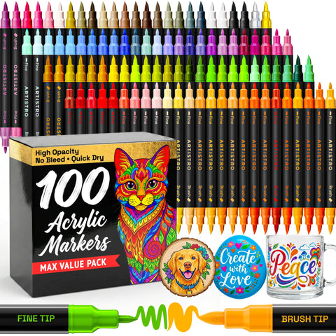 ARTISTRO front packaging showing 100-piece acrylic marker set and gift-ready box