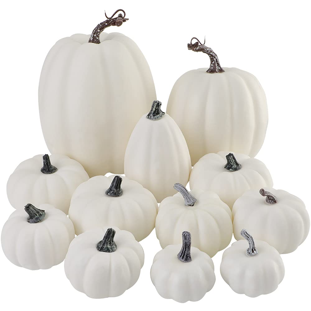 Artmag front view of twelve white faux pumpkins showing assortment and neutral decor benefit