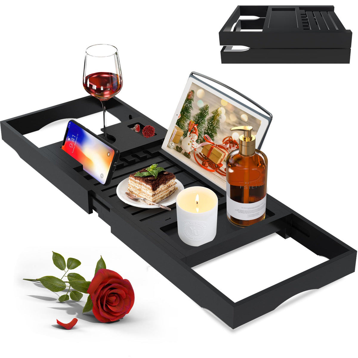 Artmalle bamboo tray front view showing full layout and compartments for organized bathing