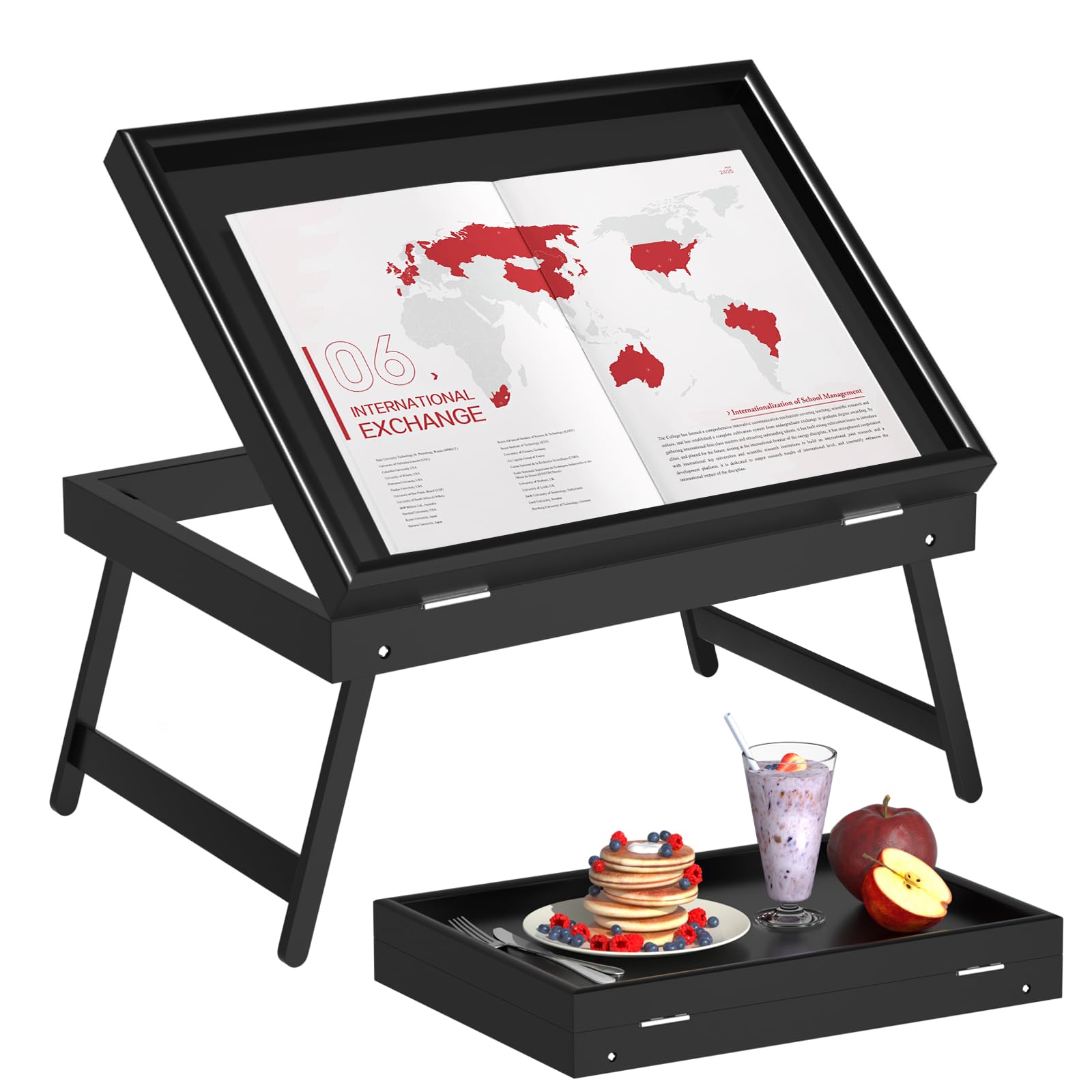 Artmeer bamboo bed tray front view showing compact black finish and stable surface benefit