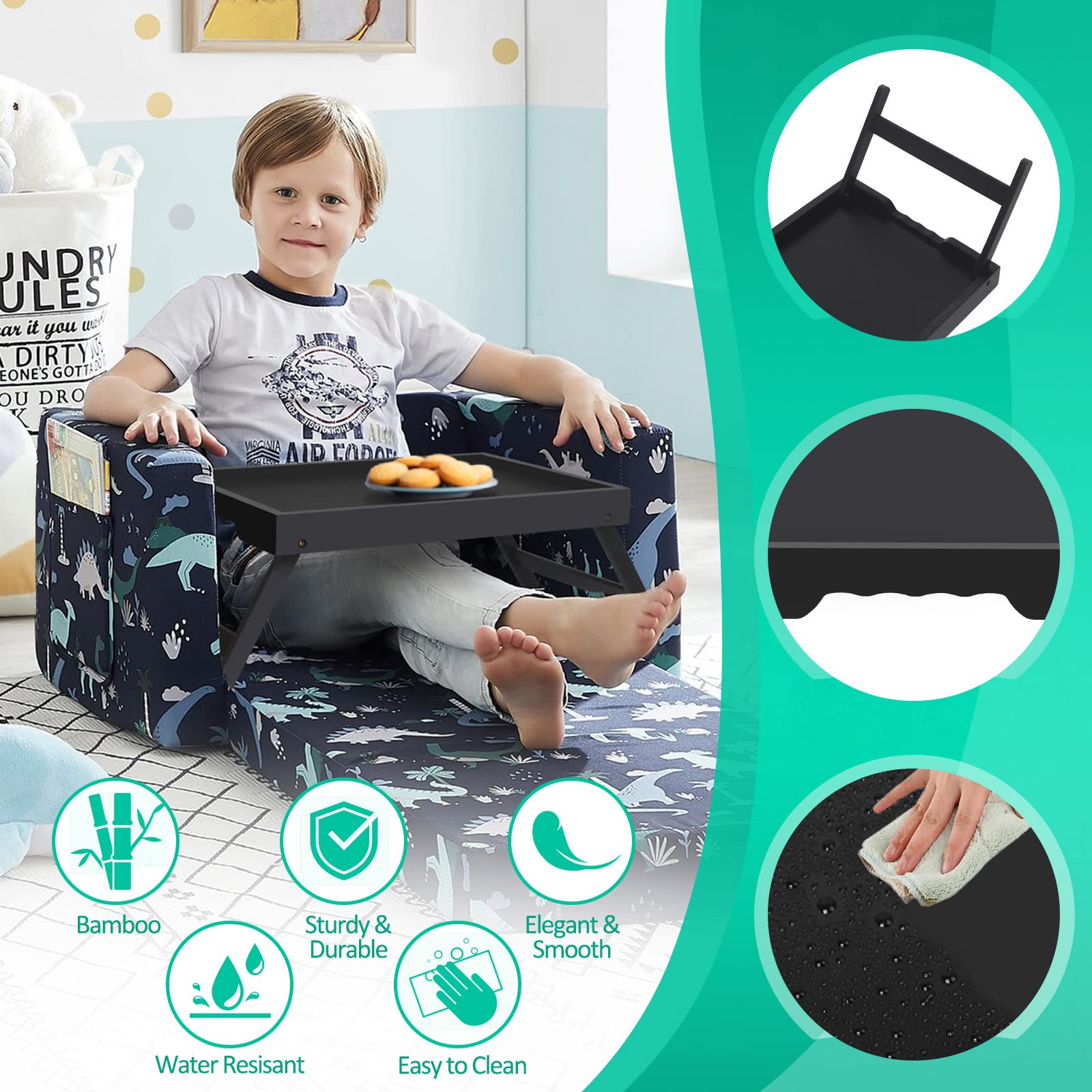 Artmeer bed tray with legs open side profile highlighting stability for devices and plates
