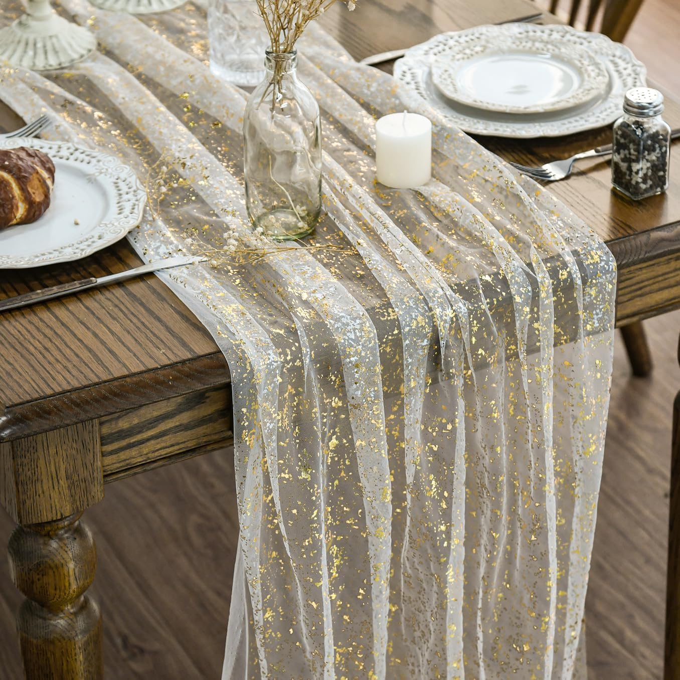 Artoid Mode front view of beige gold gauze runner showing elegant shimmer and length
